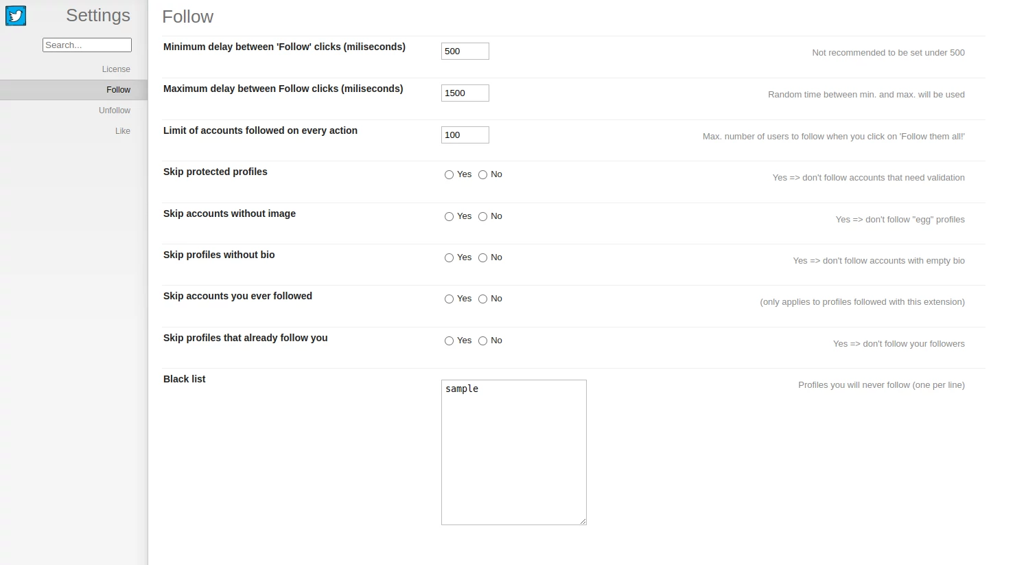 Twitter Follower settings